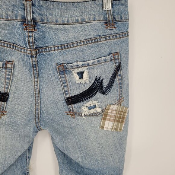 Something Trickie Juniors 7 distressed plaid Patchwork medium wash blue shorts - Picture 9 of 10